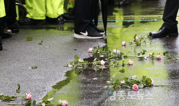 김경수 경남도지사 지지자들은 꽃길만 걸으라는 의미로 분홍 장미꽃을 던지기도 했다. <사진 : 박종호 기자>
